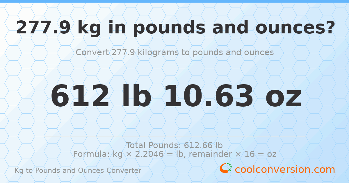 277.9 kg to lbs and oz — 277.9 kg = 612 lb 10.63 oz