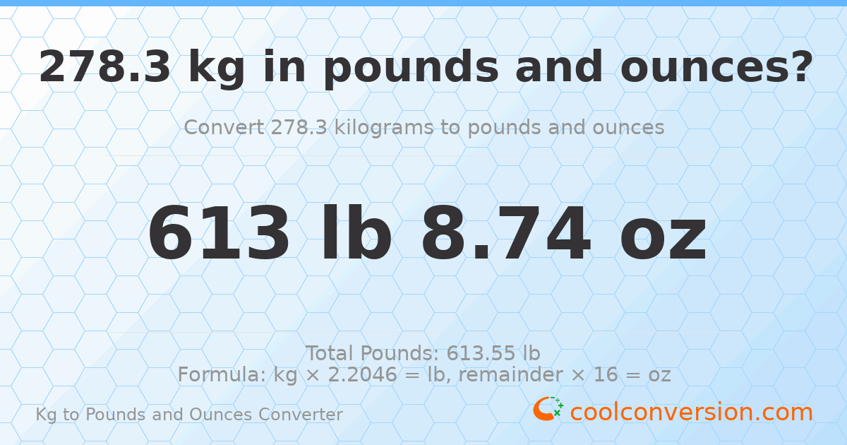 278.3 kg to lbs and oz — 278.3 kg = 613 lb 8.74 oz