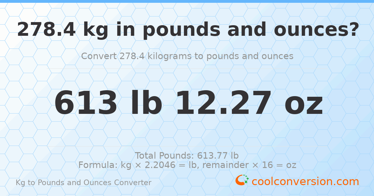 278.4 kg to lbs and oz — 278.4 kg = 613 lb 12.27 oz