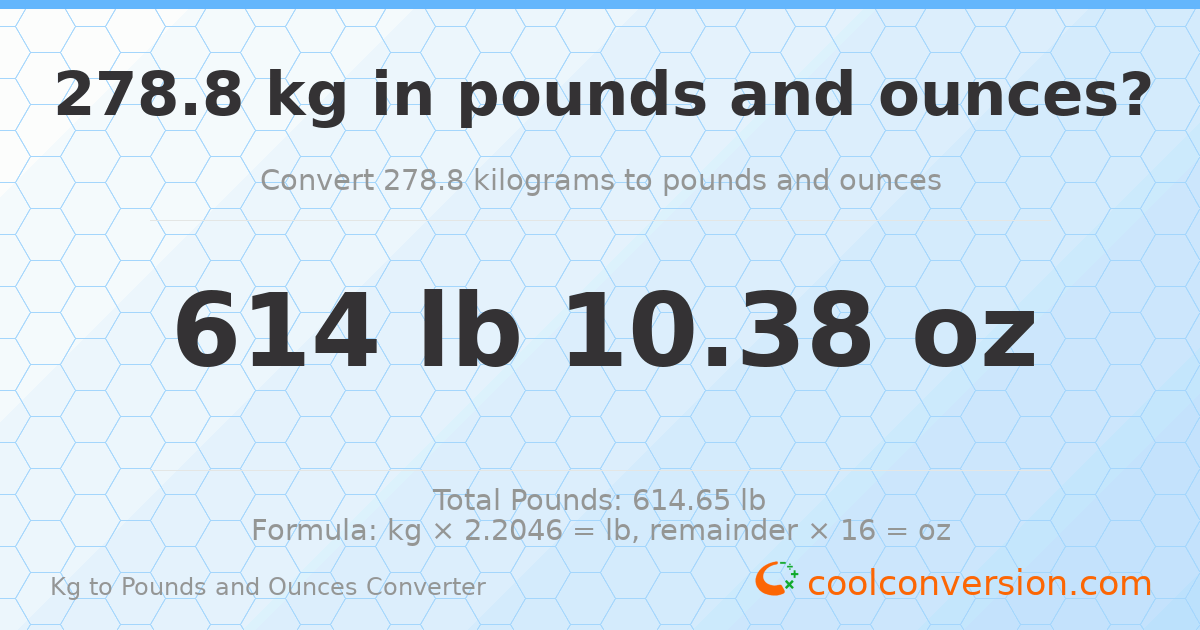 278.8 kg to lbs and oz — 278.8 kg = 614 lb 10.38 oz