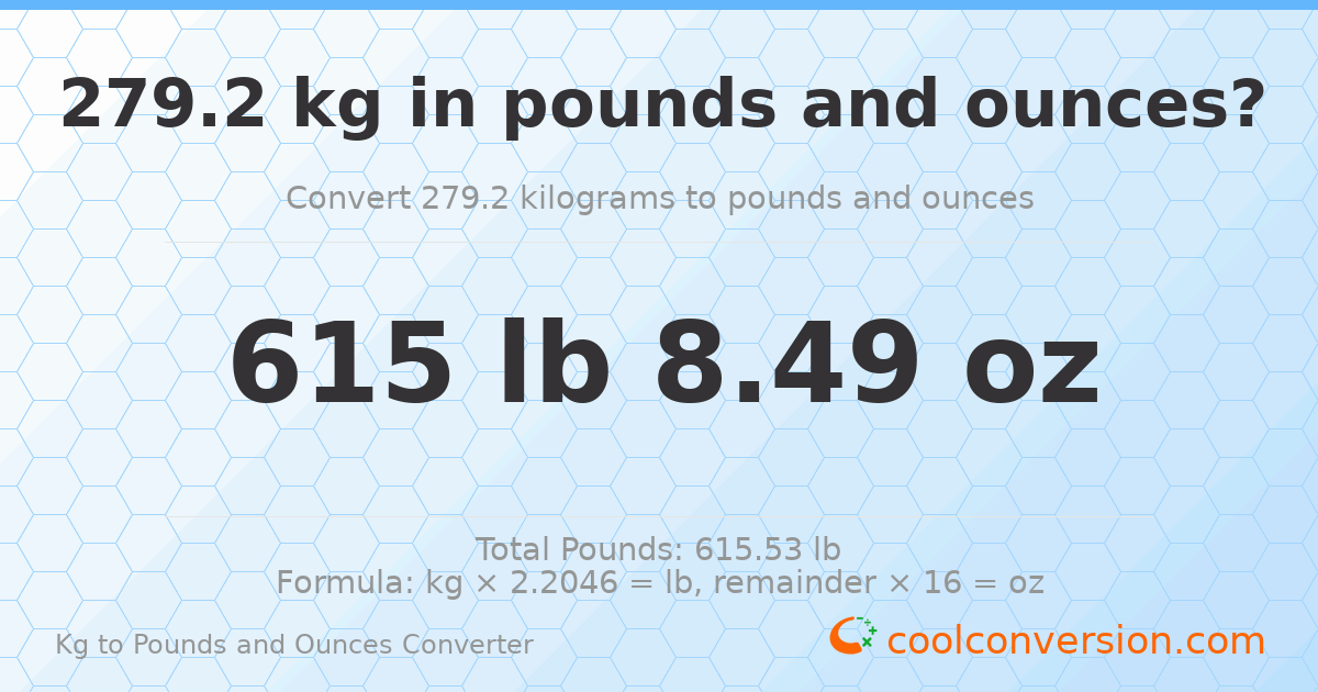 279.2 kg to lbs and oz — 279.2 kg = 615 lb 8.49 oz