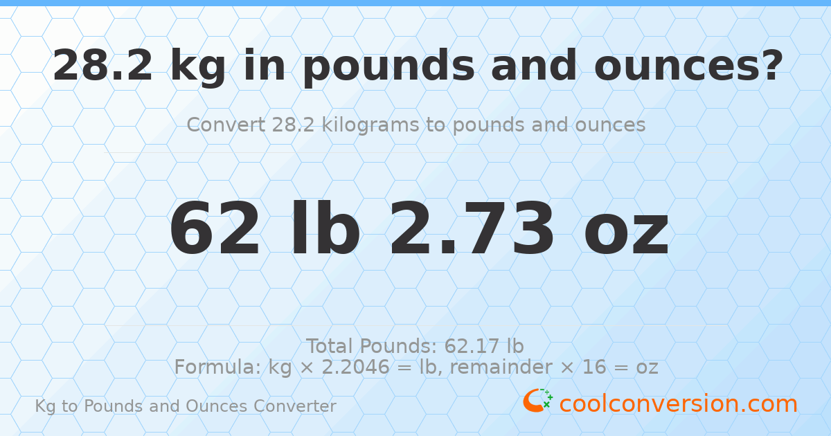 28.2 kg to lbs and oz — 28.2 kg = 62 lb 2.73 oz