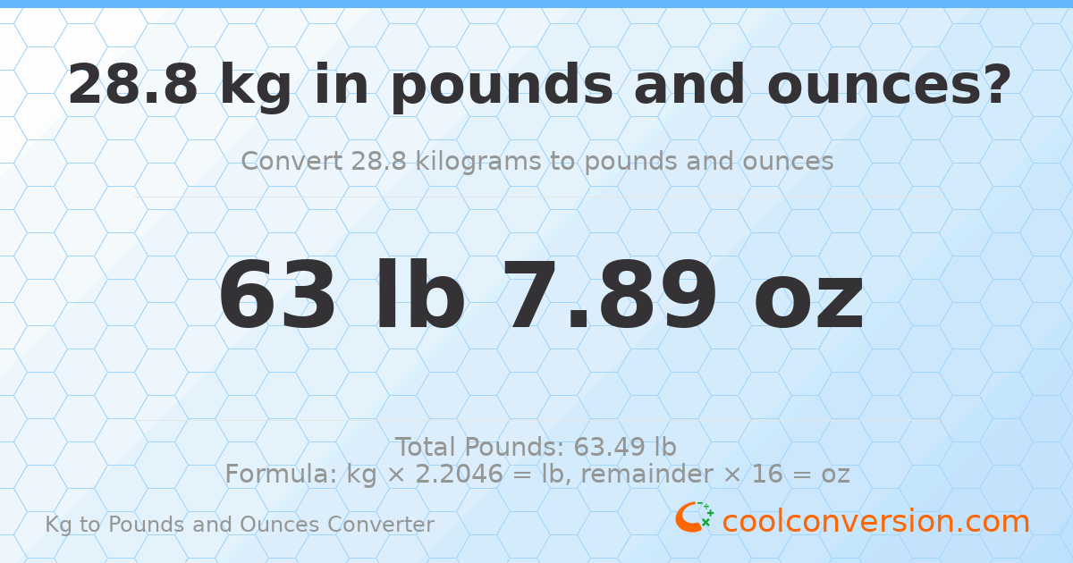 28.8 kg to lbs and oz — 28.8 kg = 63 lb 7.89 oz
