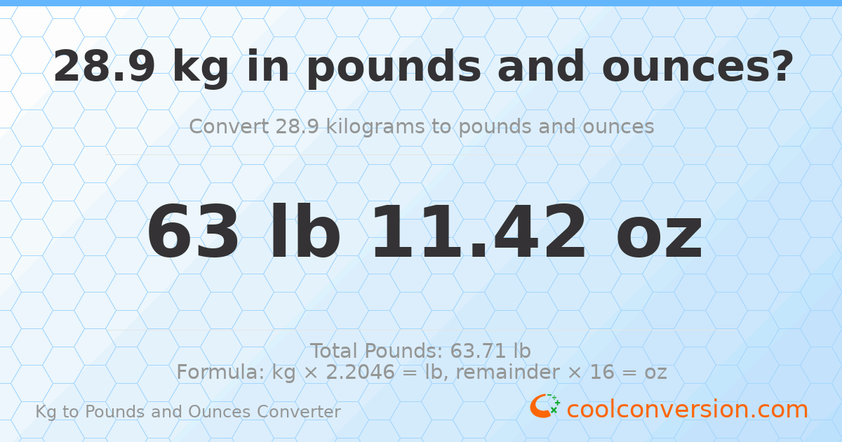 28.9 kg to lbs and oz — 28.9 kg = 63 lb 11.42 oz