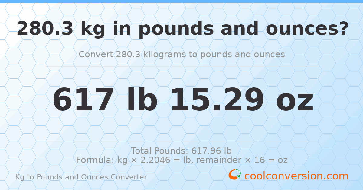 280.3 kg to lbs and oz — 280.3 kg = 617 lb 15.29 oz