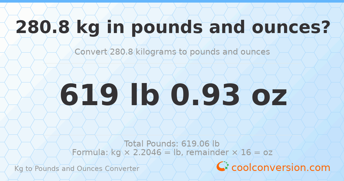 280.8 kg to lbs and oz — 280.8 kg = 619 lb 0.93 oz