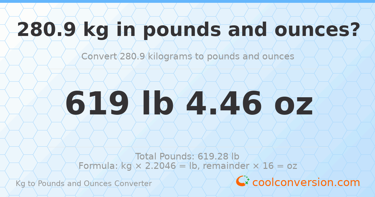 280.9 kg to lbs and oz — 280.9 kg = 619 lb 4.46 oz