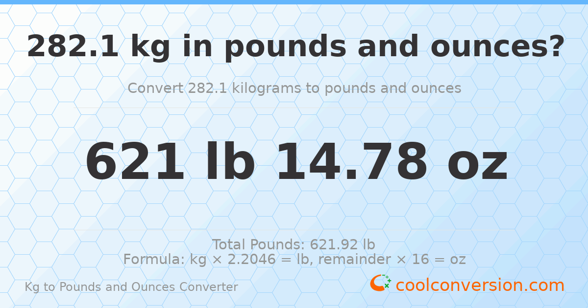 282.1 kg to lbs and oz — 282.1 kg = 621 lb 14.78 oz