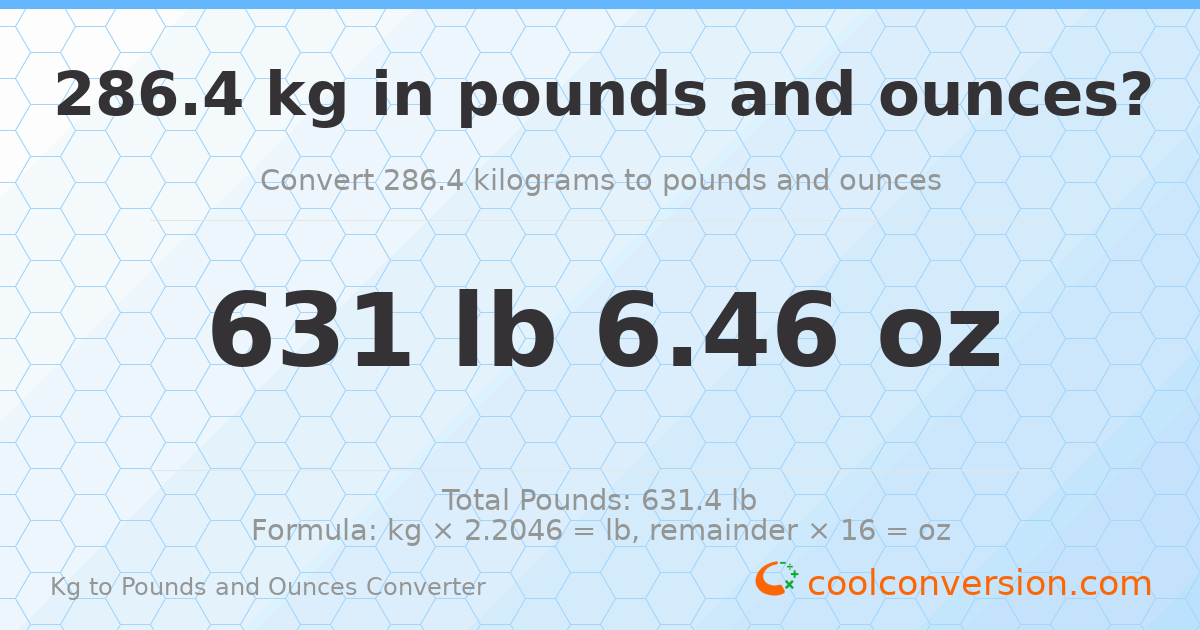 286.4 kg to lbs and oz — 286.4 kg = 631 lb 6.46 oz