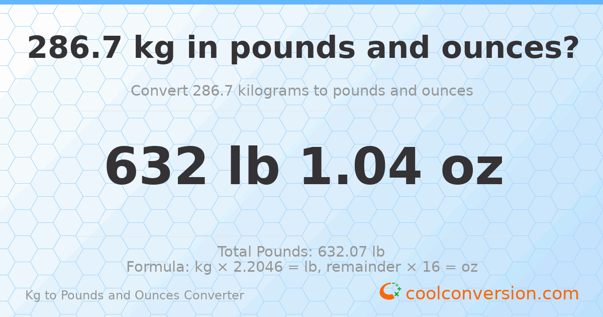286.7 kg to lbs and oz — 286.7 kg = 632 lb 1.04 oz