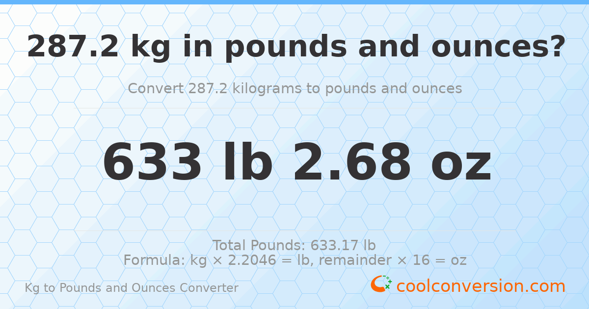 287.2 kg to lbs and oz — 287.2 kg = 633 lb 2.68 oz