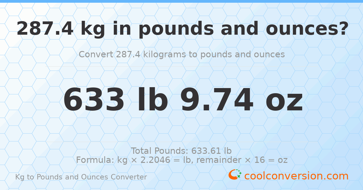 287.4 kg to lbs and oz — 287.4 kg = 633 lb 9.74 oz