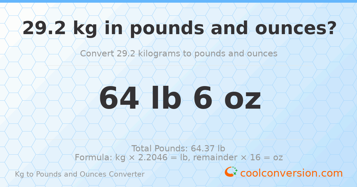 29.2 kg to lbs and oz — 29.2 kg = 64 lb 6 oz