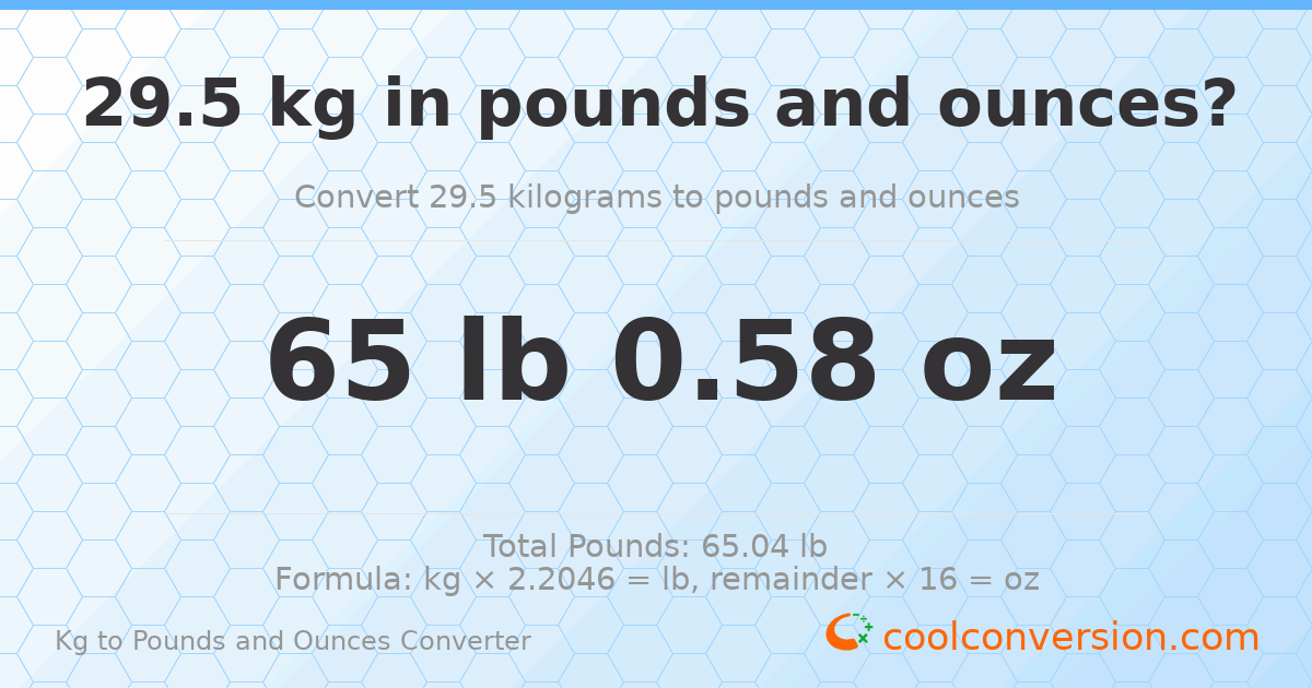 29.5 kg to lbs and oz — 29.5 kg = 65 lb 0.58 oz