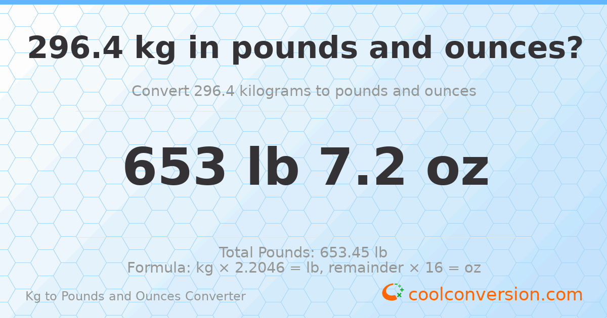 296.4 kg to lbs and oz — 296.4 kg = 653 lb 7.2 oz