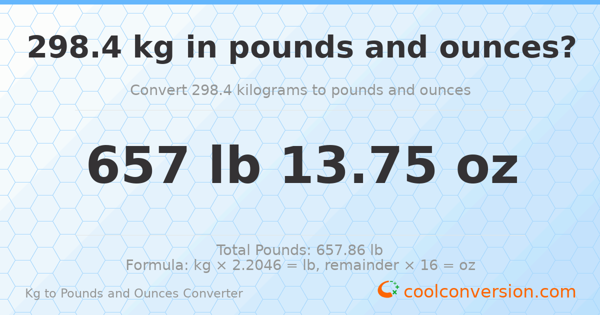 298.4 kg to lbs and oz — 298.4 kg = 657 lb 13.75 oz