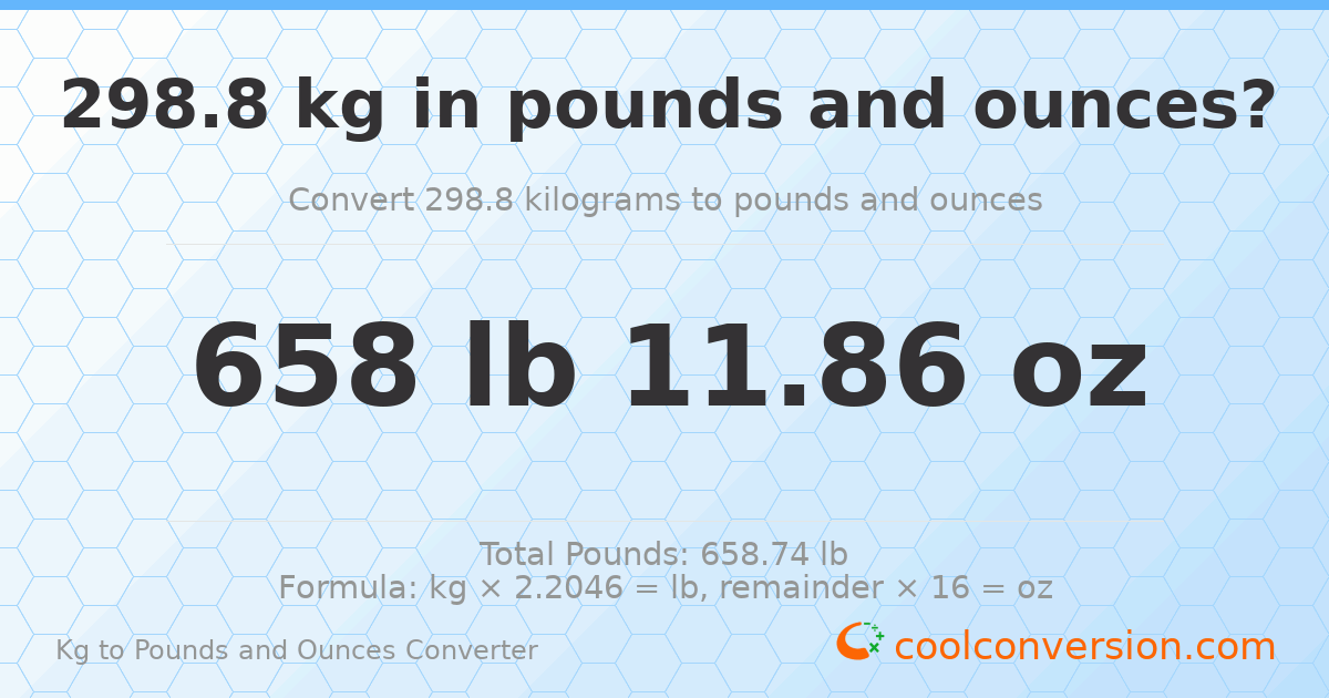 298.8 kg to lbs and oz — 298.8 kg = 658 lb 11.86 oz