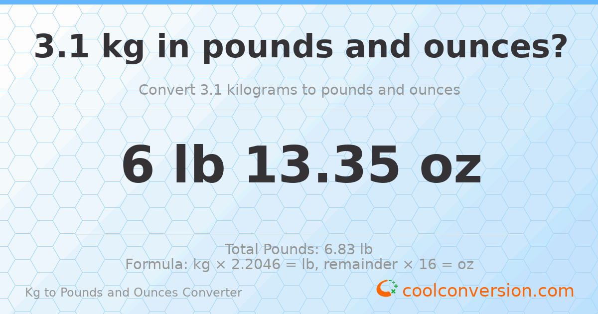 3.1 kg to lbs and oz — 3.1 kg = 6 lb 13.35 oz