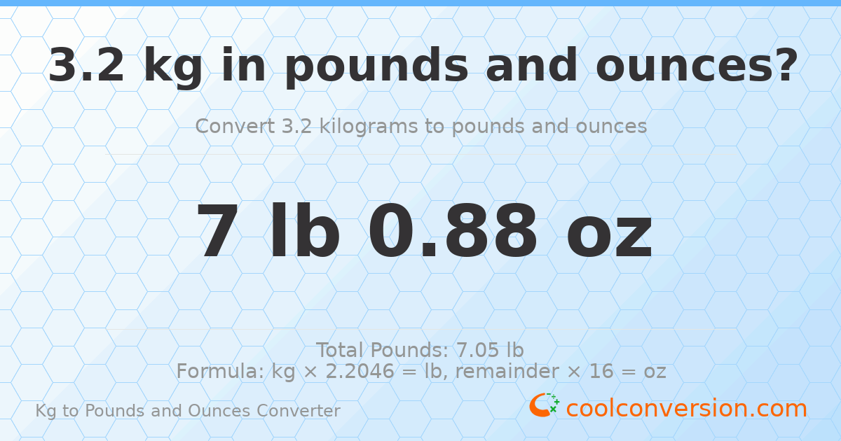 3.2 kg to lbs and oz — 3.2 kg = 7 lb 0.88 oz