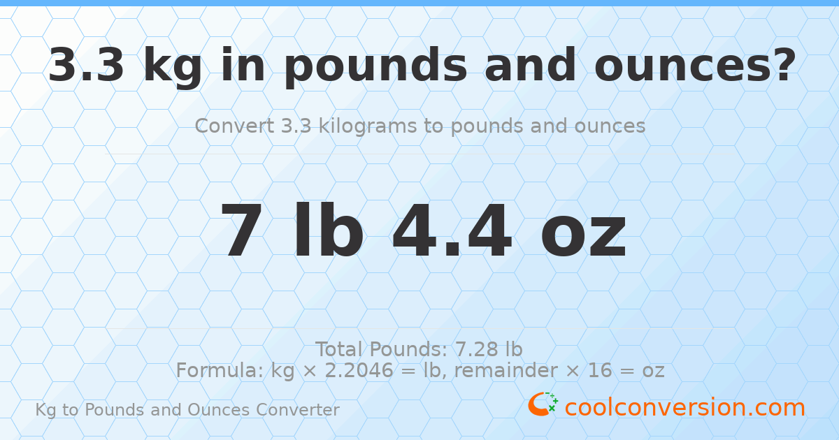3.3 kg to lbs and oz — 3.3 kg = 7 lb 4.4 oz