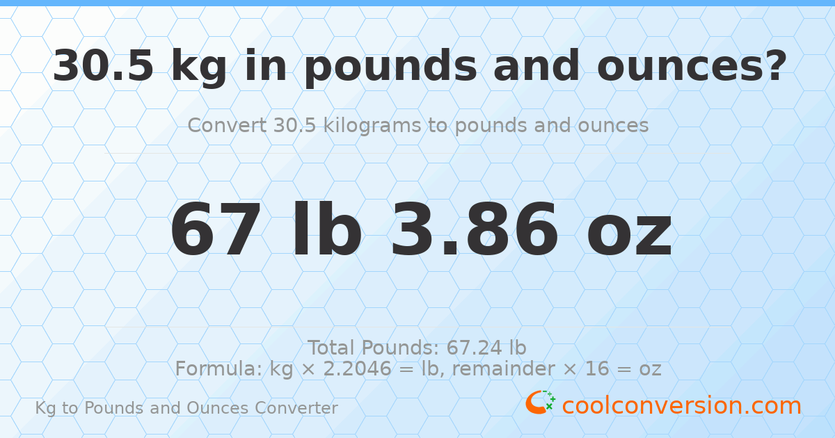30.5 kg to lbs and oz — 30.5 kg = 67 lb 3.86 oz