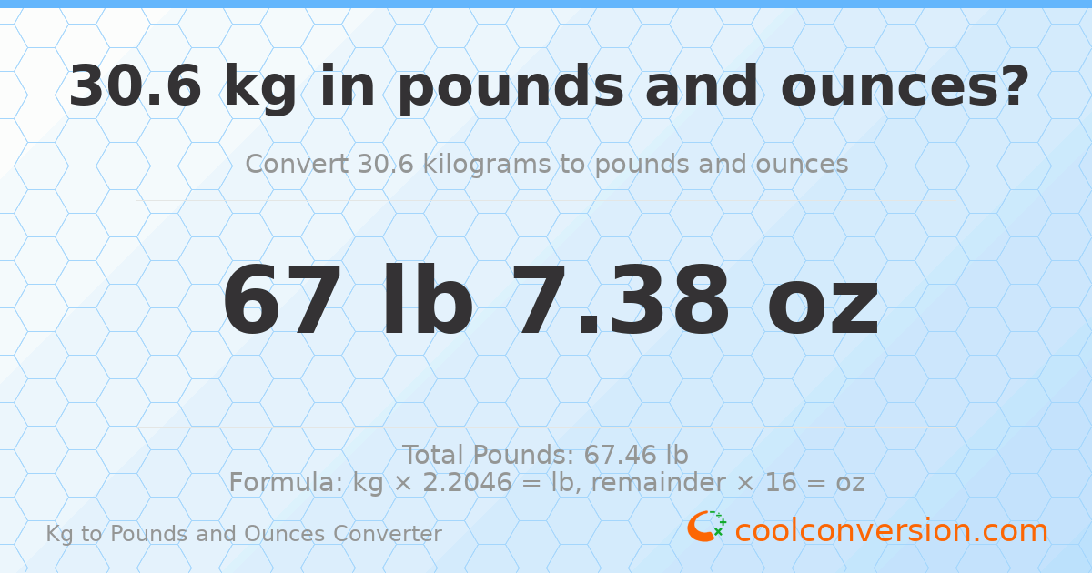 30.6 kg to lbs and oz — 30.6 kg = 67 lb 7.38 oz