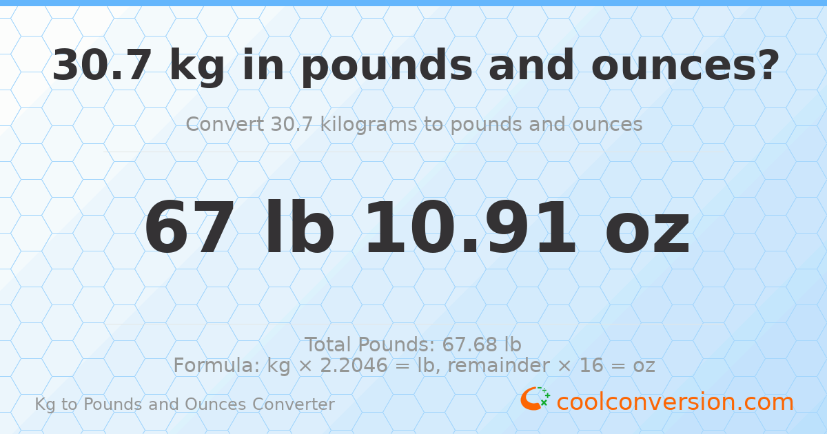 30.7 kg to lbs and oz — 30.7 kg = 67 lb 10.91 oz