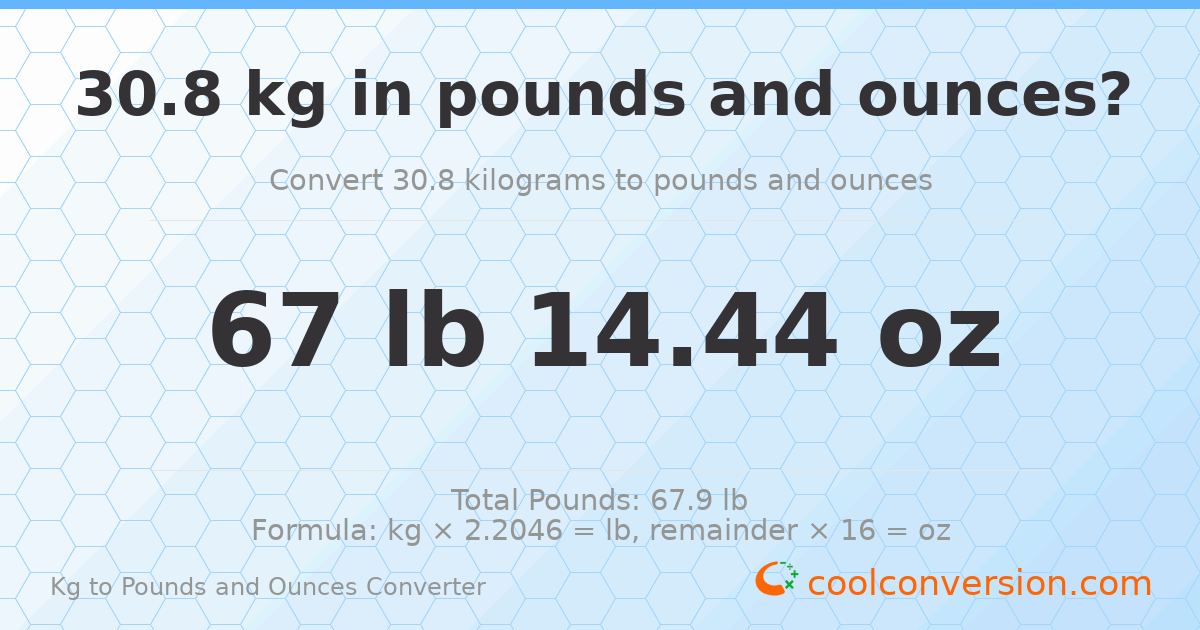 30.8 kg to lbs and oz — 30.8 kg = 67 lb 14.44 oz