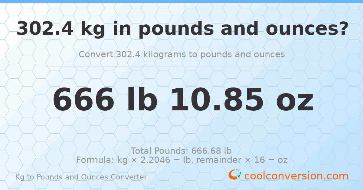 302.4 kg to lbs and oz — 302.4 kg = 666 lb 10.85 oz