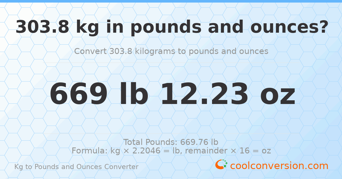 303.8 kg to lbs and oz — 303.8 kg = 669 lb 12.23 oz