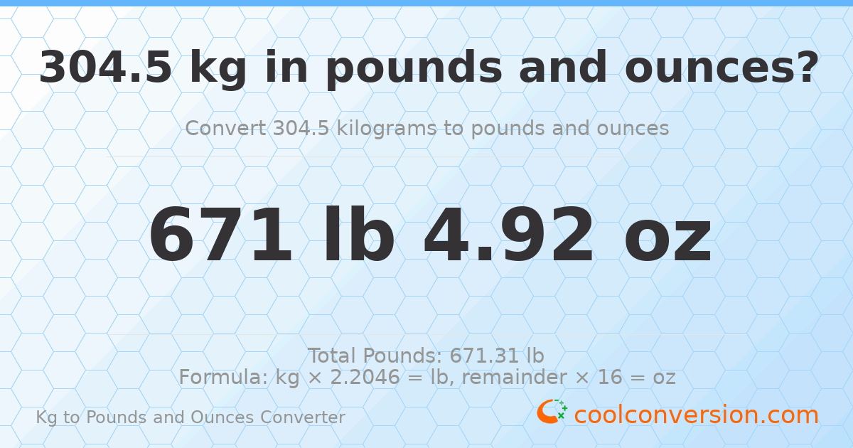 304.5 kg to lbs and oz — 304.5 kg = 671 lb 4.92 oz