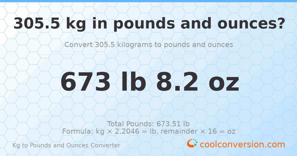 305.5 kg to lbs and oz — 305.5 kg = 673 lb 8.2 oz