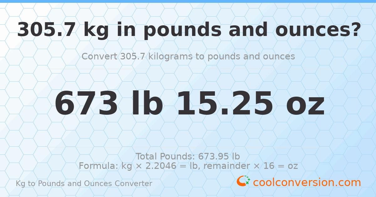 305.7 kg to lbs and oz — 305.7 kg = 673 lb 15.25 oz