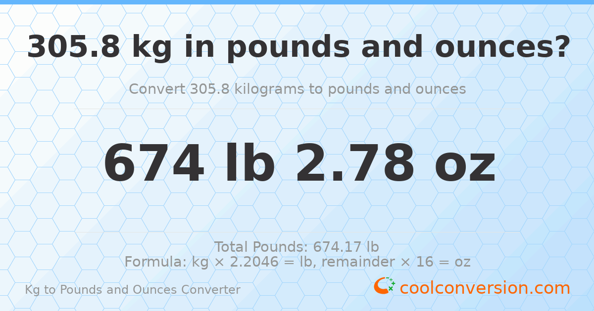 305.8 kg to lbs and oz — 305.8 kg = 674 lb 2.78 oz