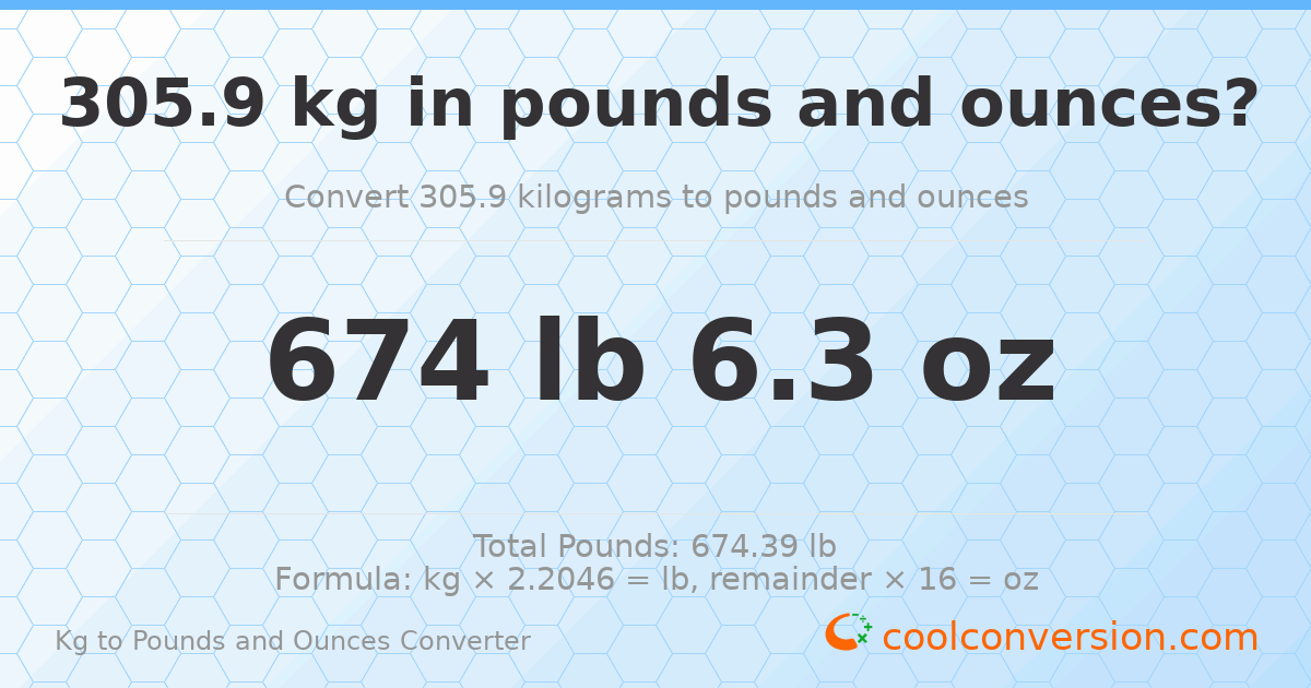 305.9 kg to lbs and oz — 305.9 kg = 674 lb 6.3 oz