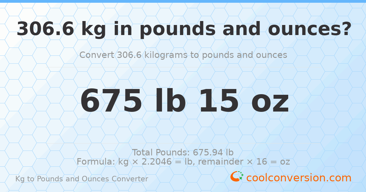 306.6 kg to lbs and oz — 306.6 kg = 675 lb 15 oz