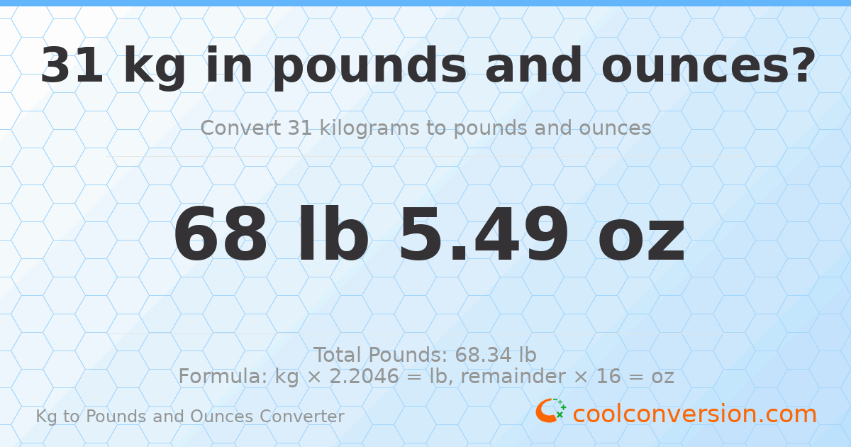 31 kg to lbs and oz — 31 kg = 68 lb 5.49 oz