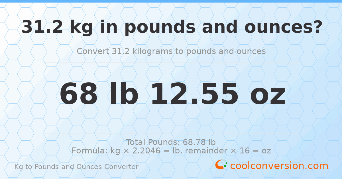 31.2 kg to lbs and oz — 31.2 kg = 68 lb 12.55 oz