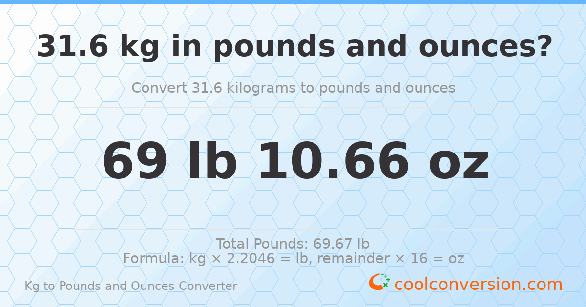 31.6 kg to lbs and oz — 31.6 kg = 69 lb 10.66 oz