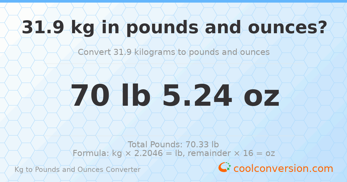 31.9 kg to lbs and oz — 31.9 kg = 70 lb 5.24 oz