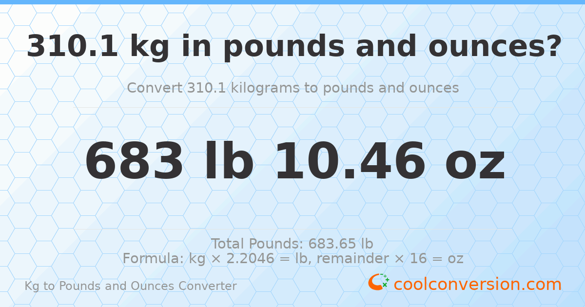 310.1 kg to lbs and oz — 310.1 kg = 683 lb 10.46 oz