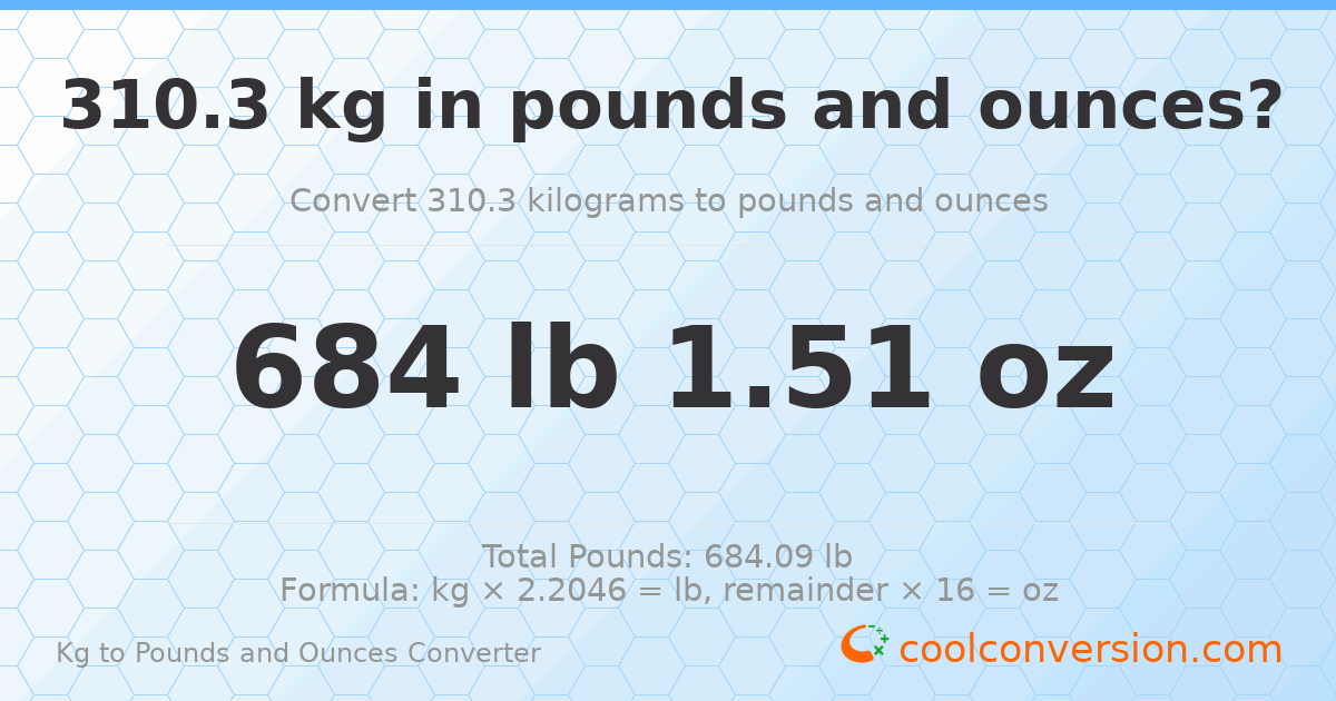 310.3 kg to lbs and oz — 310.3 kg = 684 lb 1.51 oz