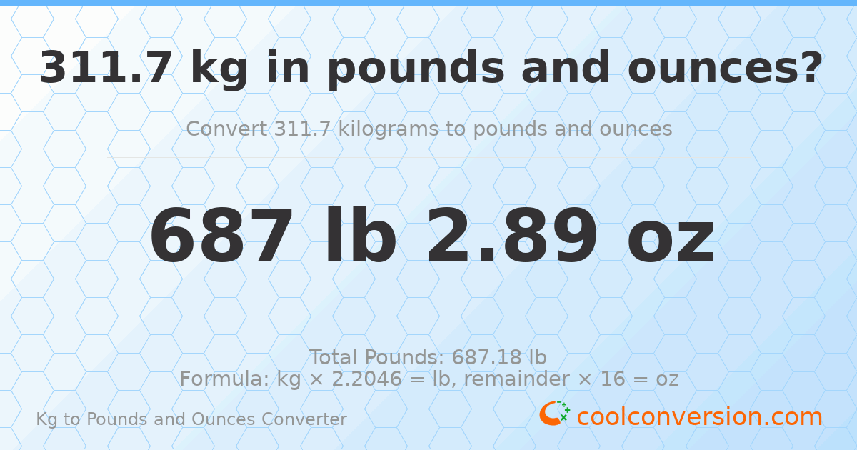311.7 kg to lbs and oz — 311.7 kg = 687 lb 2.89 oz