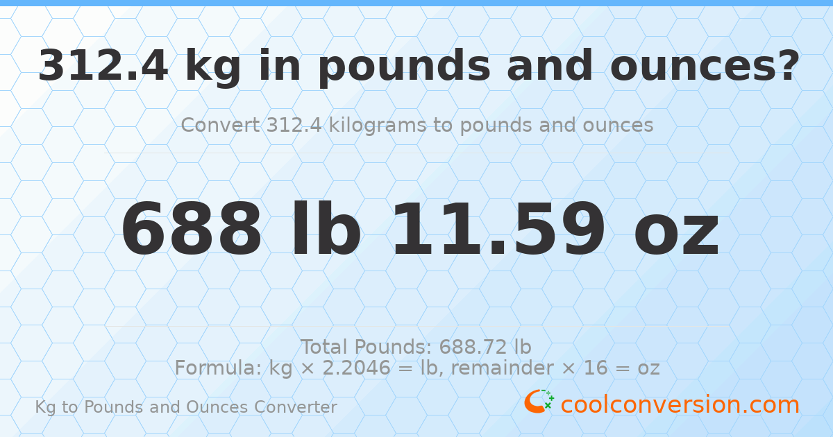 312.4 kg to lbs and oz — 312.4 kg = 688 lb 11.59 oz