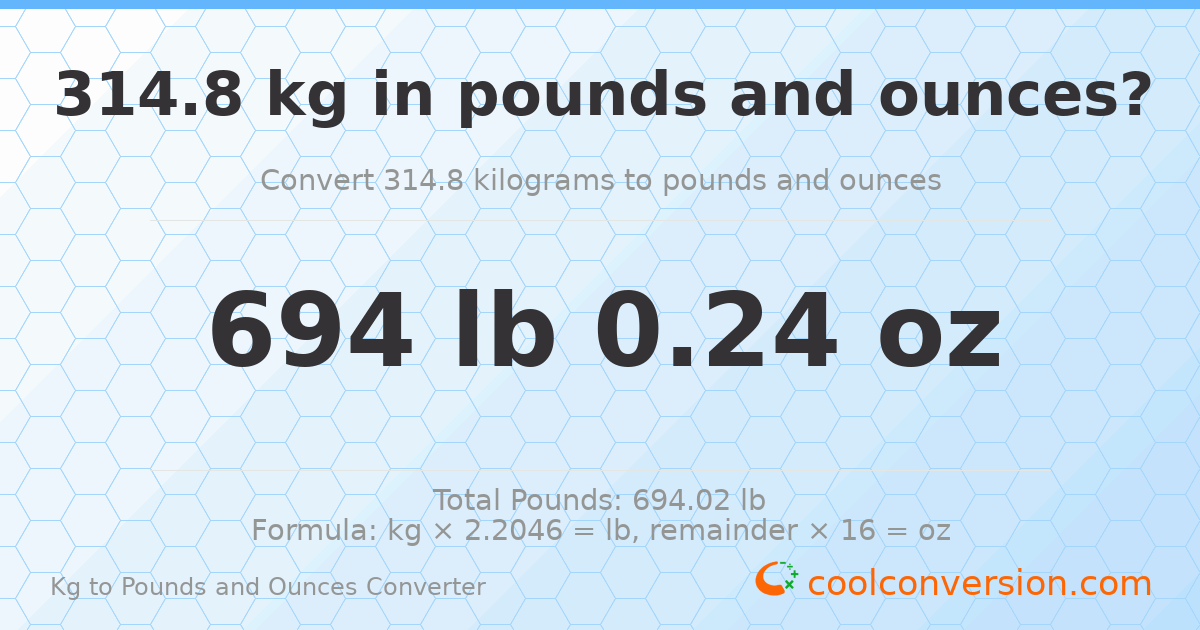314.8 kg to lbs and oz — 314.8 kg = 694 lb 0.24 oz
