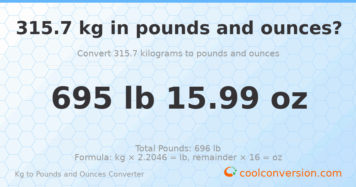 315.7 kg to lbs and oz — 315.7 kg = 695 lb 15.99 oz