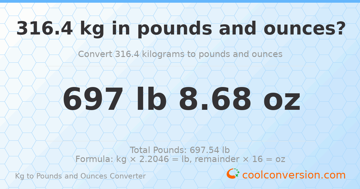 316.4 kg to lbs and oz — 316.4 kg = 697 lb 8.68 oz