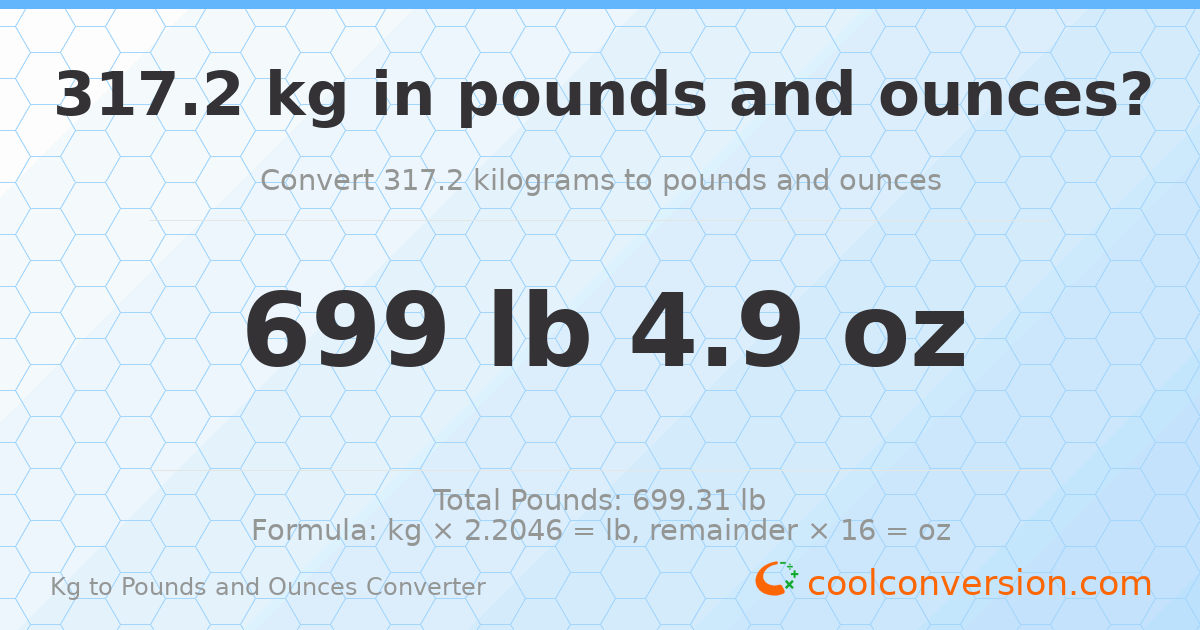 317.2 kg to lbs and oz — 317.2 kg = 699 lb 4.9 oz