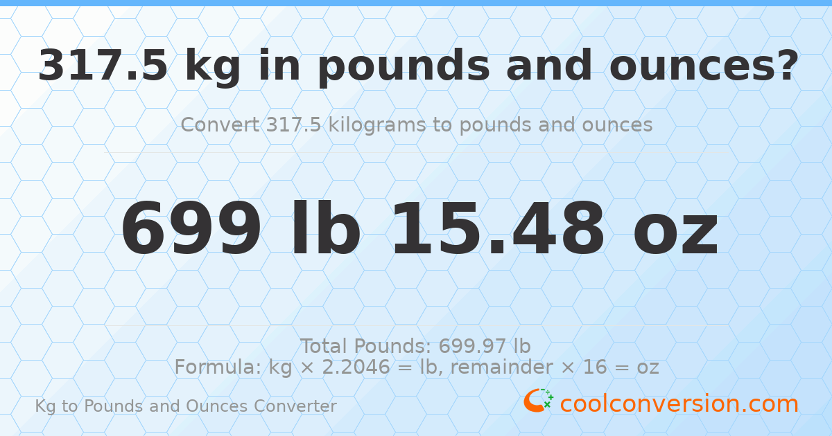 317.5 kg to lbs and oz — 317.5 kg = 699 lb 15.48 oz
