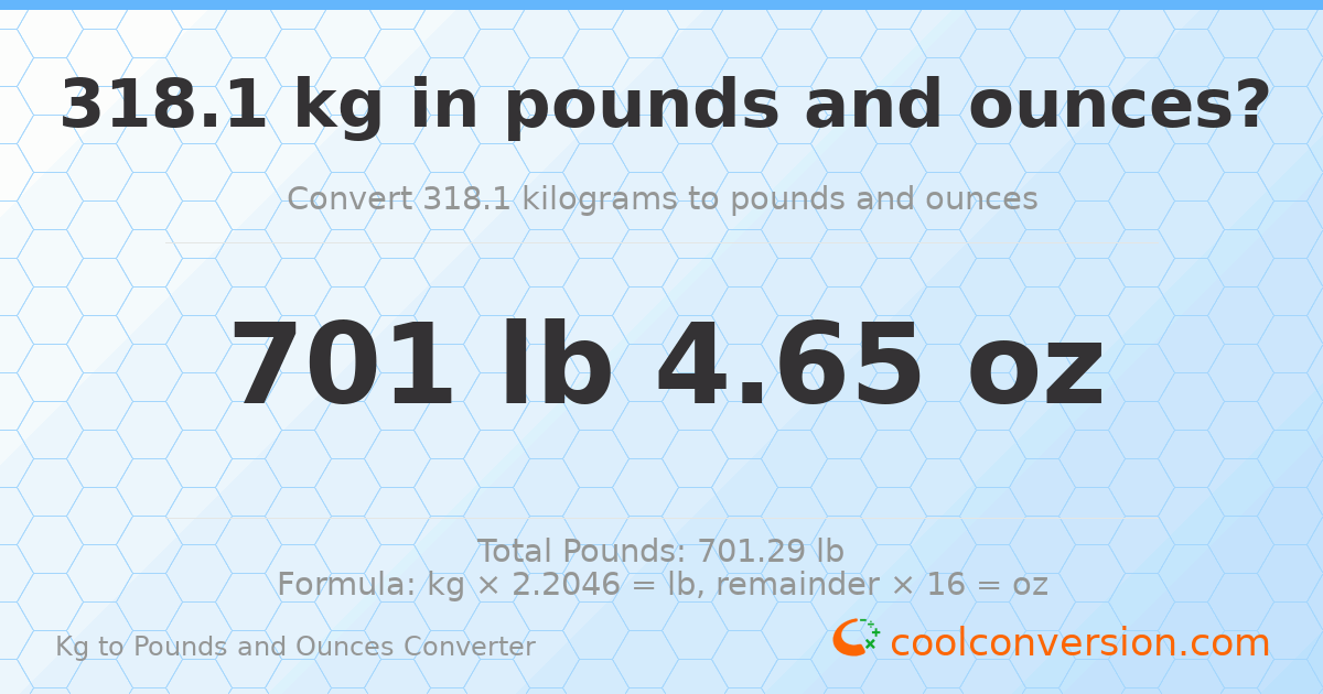 318.1 kg to lbs and oz — 318.1 kg = 701 lb 4.65 oz